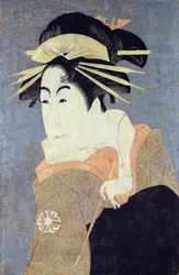 Matsumoto Yonesaburo w roli kurtyzany Kewaizaka No Shosho (Shinobu) w sztuce „Katakiuchi Noriai Banashi”, ok. 1794-95 (drewnodruk) (zob. także 180628)