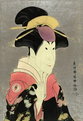 Grafika: drzeworyt w kolorze mezzatint przedstawiający Segwę tomisaburo, jako yadorigi, żonę ogishi kurando, autorstwa Sharaku Toshusai, aktywny 1794.