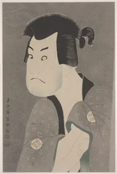Aktor Sakata Hangoro II jako Fujikawa Mizuemon w sztuce Hanaayama bunroku soga, Teatr Miyaki (odwzorowanie litografii kolorowej na kartonie)