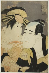 Aktorzy Ichikawa Tomiemon (R) jako Kanisaka Toma i Sanogawa Ichimatsu III (L) jako prostytutka Onayo z Gion.