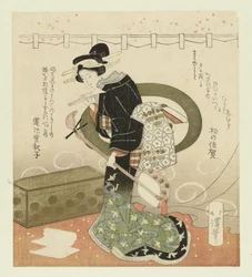 Kobieta z shamisen Pentaptyk O podziwianiu kwiatów (tytuł serii) Hanami gobantsuzuki (tytuł serii na obiekcie)