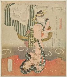 Kobieta trzymająca filiżankę sake przed zasłoną i udrapowane kimono z Pięciu Prześcieradło do oglądania kwiatów