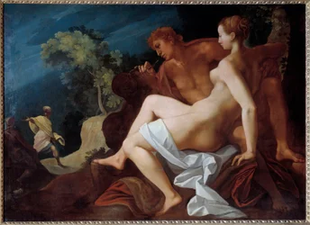 Angelique et Medor Ilustracja do „”Le Roland Furieux”” (Orlando Furioso) autorstwa Ludovica Ariosto (Arioste) reprezentującego Medora (Medoro) wpisując na skale imię Angelique (Angelica), z którą właśnie dołączył - Na dole , Roland przybywa, co