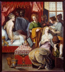 Hyante et Clymene a leur toilette Hyante (Hyanthe) et Clymene, dwie córki króla Krety, które heberge Francus, zakochane w tym bohaterze, krzątają się w swojej toalecie dla seduire - Obraz Toussaint Dubreuil (1561-1602) Dim 1, 07x0,96 m²