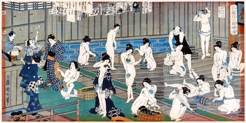 Scena z łaźni, rycina Toyohara Kunichika, XIX w.