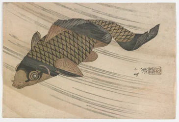Carp Swimming Upstream, okres Edo, połowa lat 20. XIX wieku (kolorowy drzeworyt)