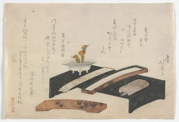 Surimono ilustrujące biurko, okres Edo, ok. 1800-10 (kolorowy drzeworyt)