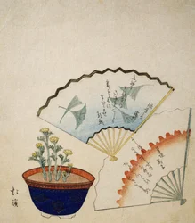 Wazon z Adonisem i dwoma wachlarzami ozdobionymi wierszami Ichotei Mitsunori i Fudegaki, ok. 1830 r.