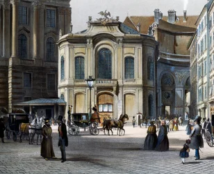 Burgtheater w Wiedniu Michaelerplatz z Winterreitschule (zimową szkołą jazdy konnej) po prawej stronie, autorstwa Tranquillo Mollo (1767-1837), kolorowa rycina, Austria