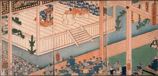 Generał prawej strony, lord Yoritomo, ogląda specjalne przedstawienie nō