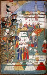 Lala Mustafa Pasza w swoim obozie po zwycięstwie pod Karsem, ilustracja z „Nusretname”, relacja z tureckiego podboju Gruzji w 1578 r. przez Gelibolu Mustafę Alego