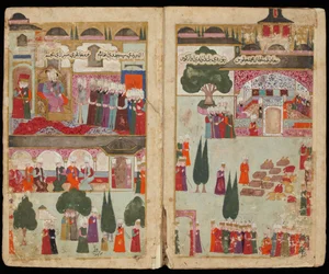 Koronacja osmańskiego sułtana Mehmeda III (1566-1603) w pałacu Topkapı w 1595 roku (z rękopisu Wyprawa Mehmeda III na Węgry) - ok. 1600