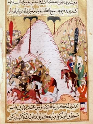 Prorok Muhammad (Muhammad lub Muhammad) (570-632) (zakryta twarz) podczas oblężenia Mekki Turecka Miniatura XVIII-wiecznego Pałacu Topkapi Stambuł Turcja