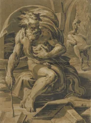 Diogenes, siedzący przed beczką, czytający z książki, oskubana kura stojąca za..., ca. 1527-30.
