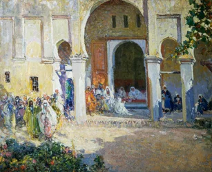 Wyrok nad paszą, Fes 1924, obraz Ulisse Caputo (1872-1948), 80x100 cm, Włochy, XX w.