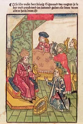 Cesarz Zygmunt Luksemburski (1367-1437) odbiera hołd od swoich węgierskich poddanych, 1483, (drzeworyt kolorowany) (zob. także 316982)