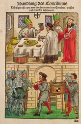 Jak rozdawano chleb i wino ludziom podczas soboru w Konstancji, z „Chronik des Konzils von Konstanz”
