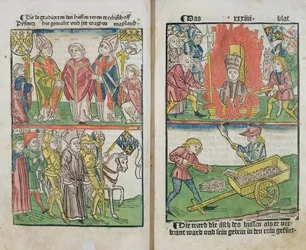 Jan Hus spalony na stosie na soborze w Konstancji, z „Historii soboru w Konstancji”, wyd. 1483