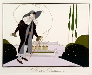 Doktor Ballanzone, z wydania „Maski i postacie teatru włoskiego” Le Journal des Dames et des Modes, sztychowane przez Henri Reidela (fl.1914-20) 1914 (kolor lito)