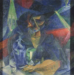 Rozkład postaci kobiety przy stole – Umberto Boccioni (1882-1916), olej na płótnie, 86x86 cm, ok. 1912