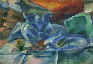 Martwa natura z ceramiką, sztućcami i owocami, 1915