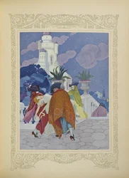 Czterech zamaskowanych mężczyzn zaniosło ją na szczyt wieży, ilustracja z „Contes du Temps Jadis”, czyli „Opowieści z przeszłości”, s. 22