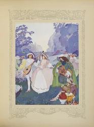Byli pasterze i pasterki tańczące przy dźwiękach fletów i dud, ilustracja z „Contes du Temps Jadis”, czyli „Tales from Times Past”, s. 74