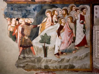 Ucieczka przed apostołami. Szczegół. Fresk szkoły umbryjskiej z XV wieku. Kościół Superior. Klasztor św Benedeta (Sacro Speco), Subiaco (Rzym), Włochy