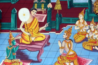 20151029, Vientiane, Laos: świątynia buddyjska Wat Inpeng. Obraz przedstawiający historię życia Buddy Siakjamuniego