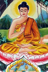 20151029, Wientian, Laos: buddyjska świątynia Wat Inpeng. Malowidło przedstawiające historię życia Buddy Siakjamuniego. Nauczający Budda przedstawia szczególny moment z życia Buddy, mianowicie pierwsze kazanie, które Budda wygłosił po osiągnięciu