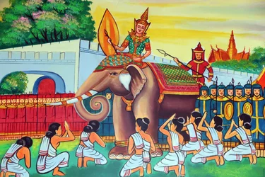 20151029, Vientiane, Laos: świątynia buddyjska Wat Si Muang (Simuong). Obraz przedstawiający historię życia Buddy Siakjamuniego