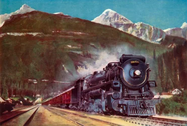 Kanadyjski gigant kolei pacyficznej u podnóża Gór Skalistych, 1935.