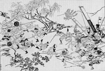 Obraz japońskiego artysty przedstawiający inwazję Japonii na Koreę w latach 1592 1907
