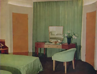 Sypialnia w domu przy Portland Place, zaprojektowana przez Iana Hendersona & Co. z Londynu, 1935