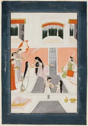 Pani w toalecie słucha muzyki przy pałacowej kaskadzie wodnej, ok. godz. 1780.