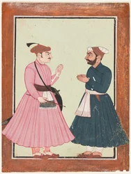 Szlachcic, prawdopodobnie Raja Gaur Sen, otrzymuje innego szlachcica, ok. 1900. 1700-20.