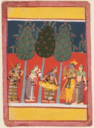 Strona z serii Rasikapriya: Krishna and Radha and the Sakhis z instrumentami muzycznymi, ok. godz. 1650