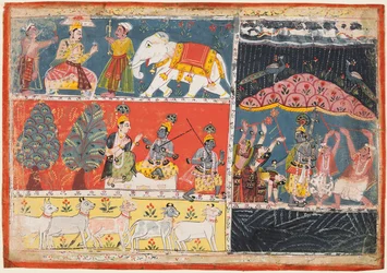 Strona z Bhagavata Purany: Indra zsyła ulewny deszcz, Kryszna podnosi górę Govardhana, 1686.