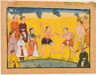 Strona z Mahabharaty: Bhima walczący z Jayadrathą, ok. 1930. 1615.