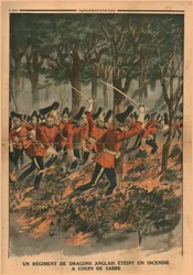 Pułk dragonów angielskich gasi pożar ciosami szabli, 1914.