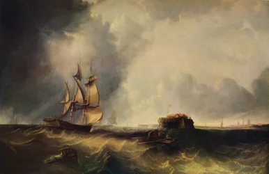 Statek i ludzie w łodzi wiosłowej u Calais, c1830, 1938
