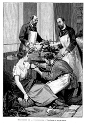 Chory na gruźlicę otrzymujący transfuzję koziej krwi, 1891