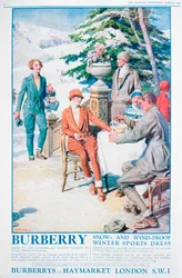 Reklama wiatroszczelnej i śniegoszczelnej sukienki do sportów zimowych Burberry, 1928