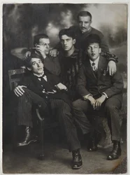 Alexey Kruchenykh, David Burlyuk, Vladimir Mayakovsky, Nikolai Burlyuk and Benedict Livshits, 1913.