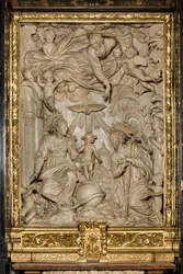 Ołtarz św. Józefa lub Ołtarz Świętej Rodziny, Płaskorzeźba, Giacomo Bertesi 1668, Katedra Santa Maria Assunta, Katedra, Cremona, Lombardia, Włochy (zdjęcie)