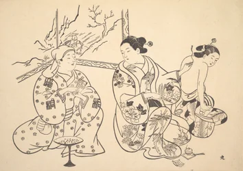 Oiran siedzący w salonie stosuje ognioodporny zabieg na gołe plecy innej kobiety.