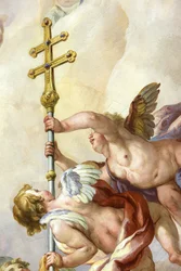 Anioły trzymające krzyż. Fresk Johanna Michaela Rottmayrra. Karlskirche. Kościół św. Karola w Wiedniu, Austria