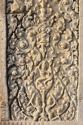 Angkor Wat, wyrzeźbiony detal na WallFlowers, Siem Reap, Kambodża