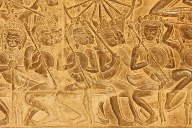 Angkor Wat Detal rzeźby reliefowej z bitwy pod Kurukszetrą, Siem Reap, Kambodża
