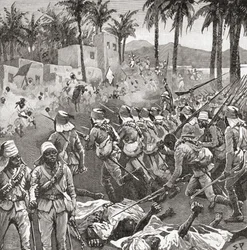 Wojska anglo-egipskie szturmują wioskę Ferkeh w bitwie pod Ferkeh lub Firket, 7 czerwca 1896, podczas wojny Mahdist.